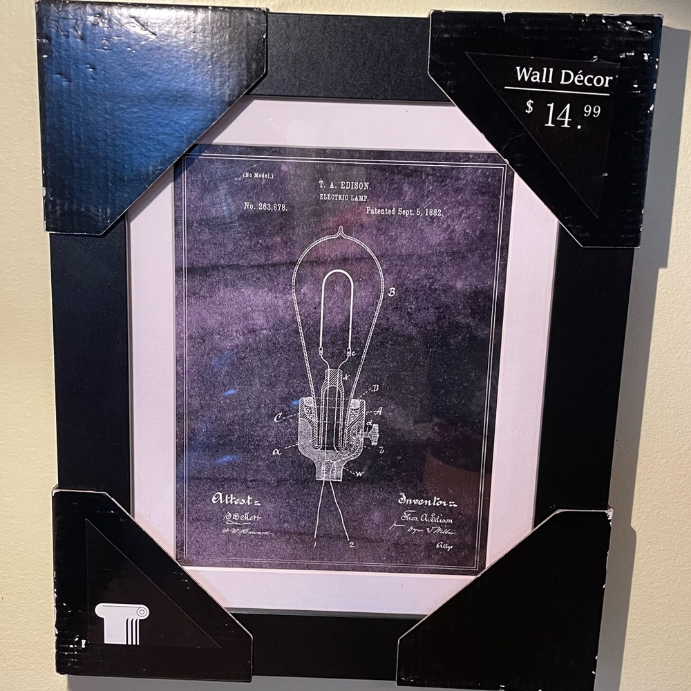 Edison Light Bulb Patent Framed and Matted Print 10”x12”
